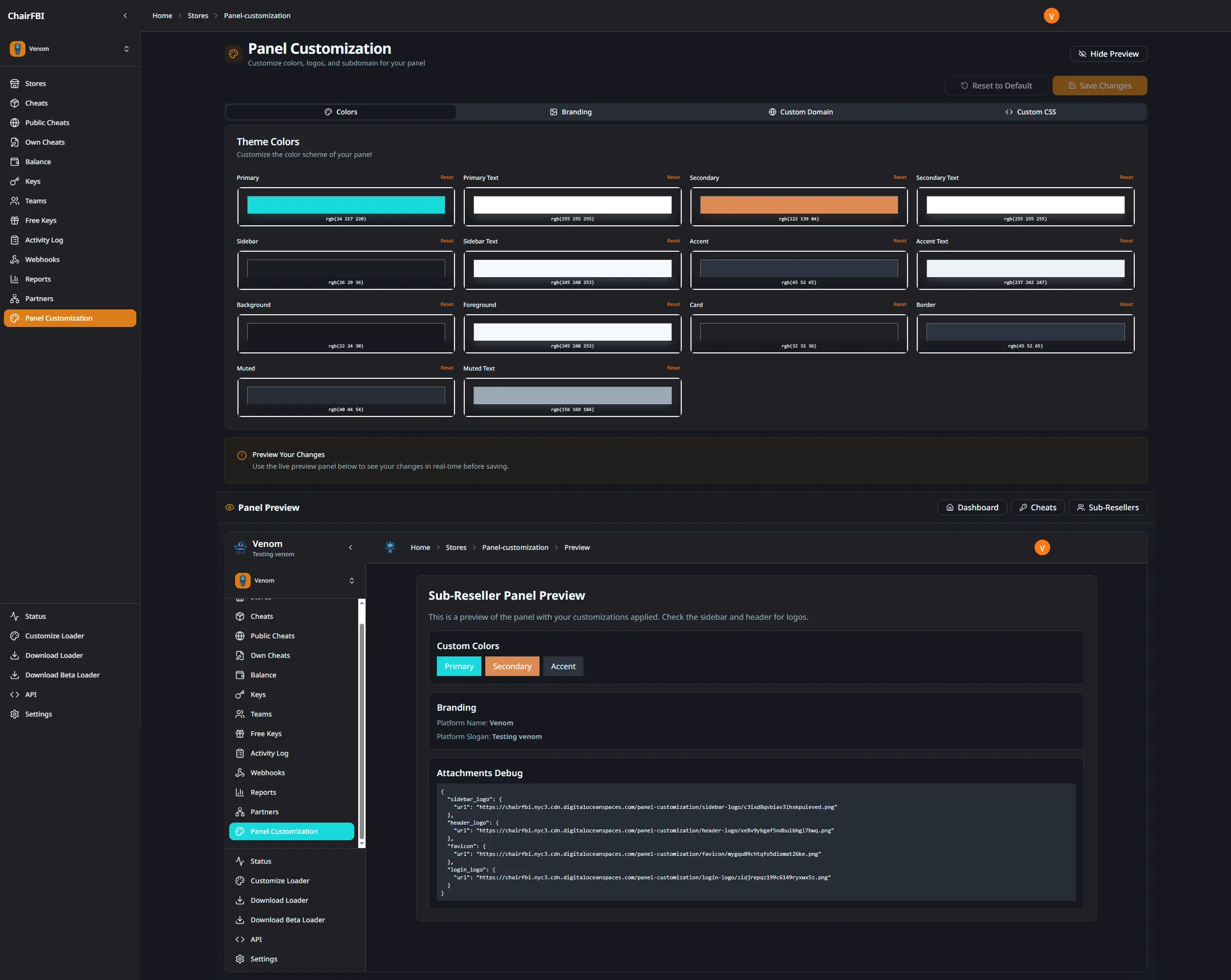 Panel customization - colors tab